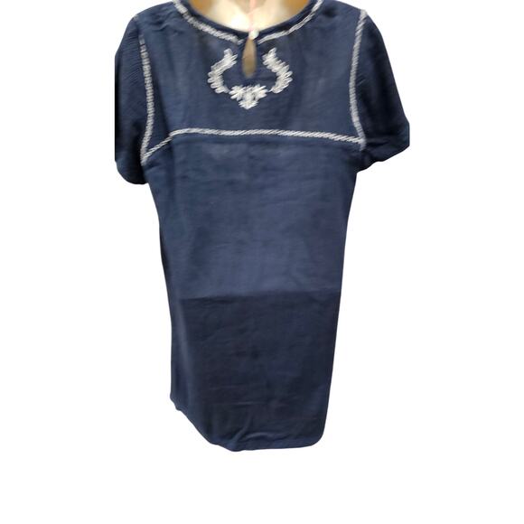 Garnet Hill Dress Tunic Cotton L navy blue embroidered boho guaze cottagecore - Picture 2 of 6